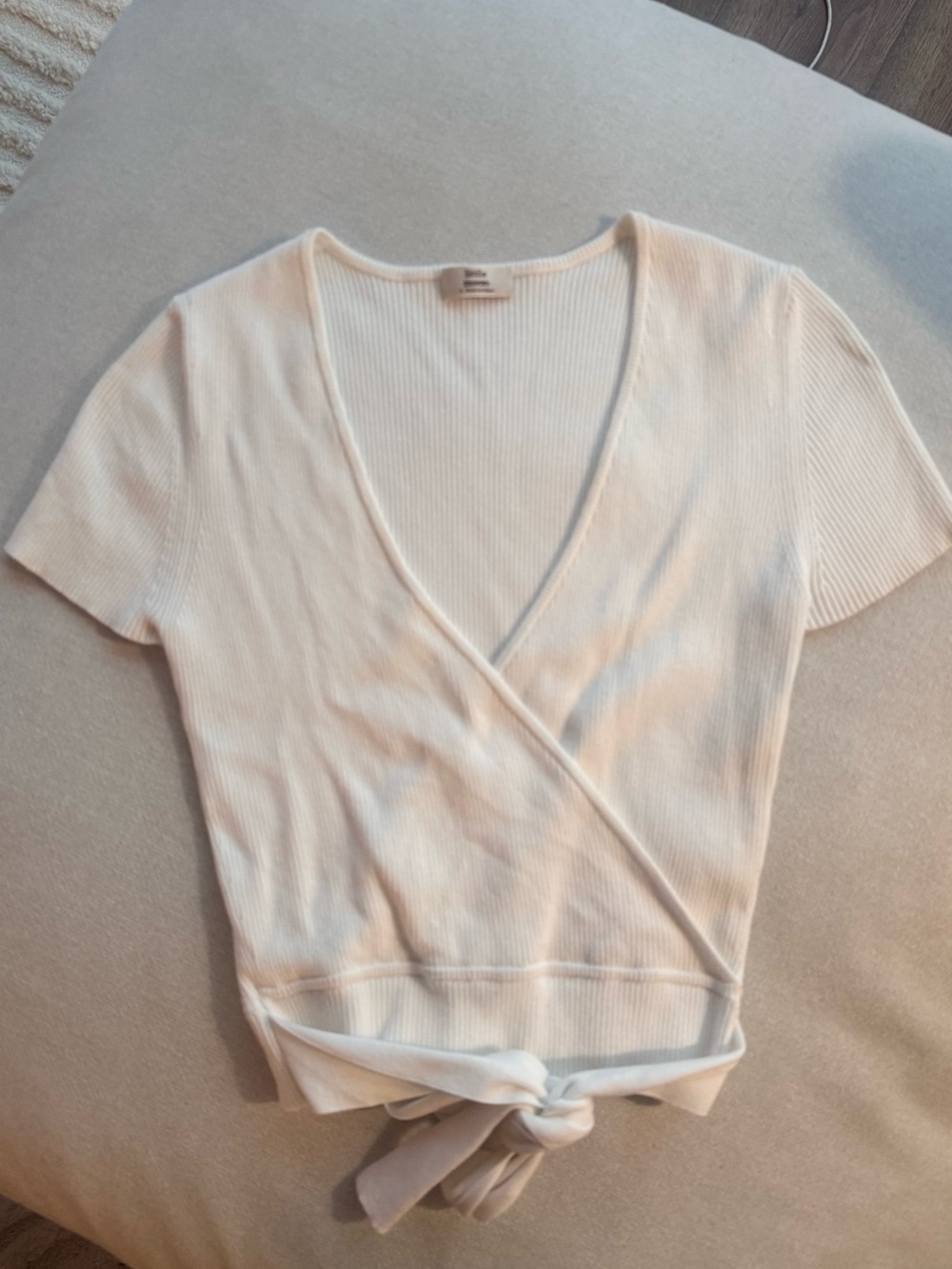 Aritzia Cream Ribbed Wrap Tie Short Sleeve Top